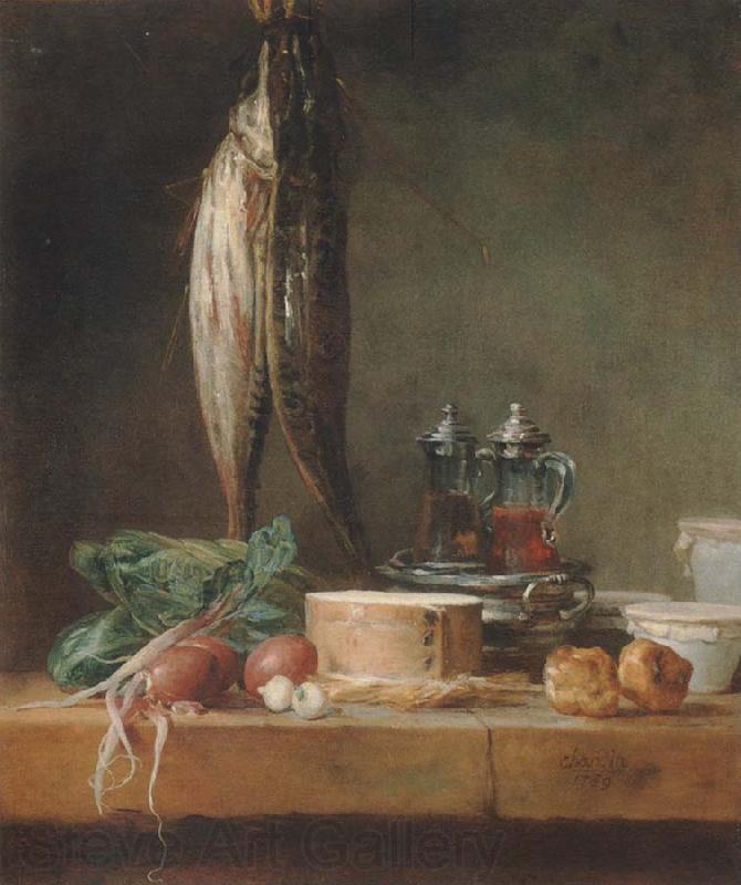 Jean Baptiste Simeon Chardin Style life with fish, Grunzeug, Gougeres shot el as well as oil and vinegar pennant on a table Spain oil painting art